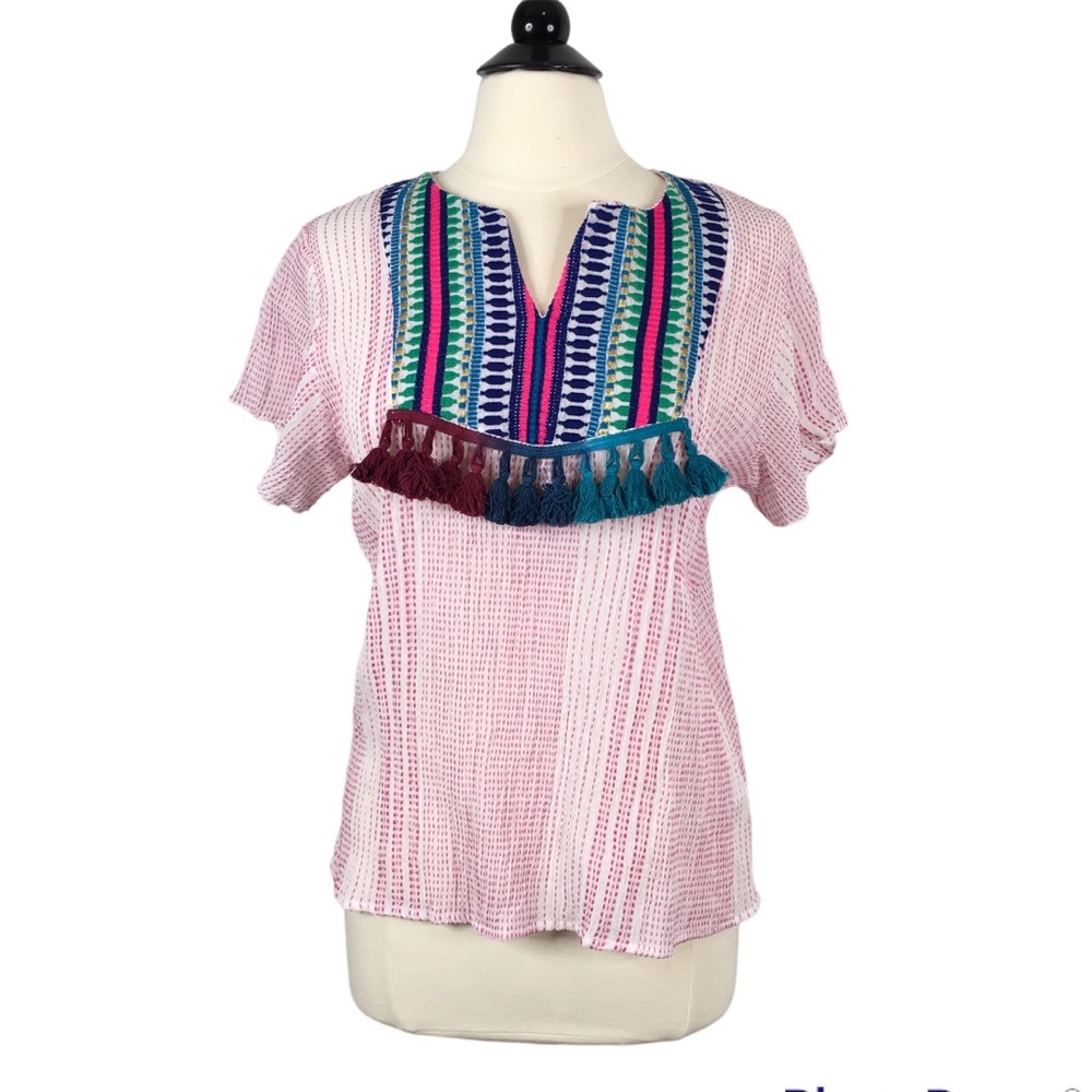 THML NWOT Embroidered V-Neck Tassel Top Medium